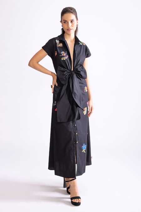 Saaksha & Kinni_Black Poplin Mirrors, Embroidery Collared Floral Bow Dress _Online_at_Aza_Fashions
