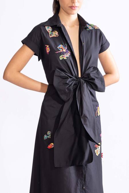 Buy_Saaksha & Kinni_Black Poplin Mirrors, Embroidery Collared Floral Bow Dress _Online_at_Aza_Fashions