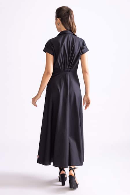 Shop_Saaksha & Kinni_Black Poplin Mirrors, Embroidery Collared Floral Bow Dress _at_Aza_Fashions