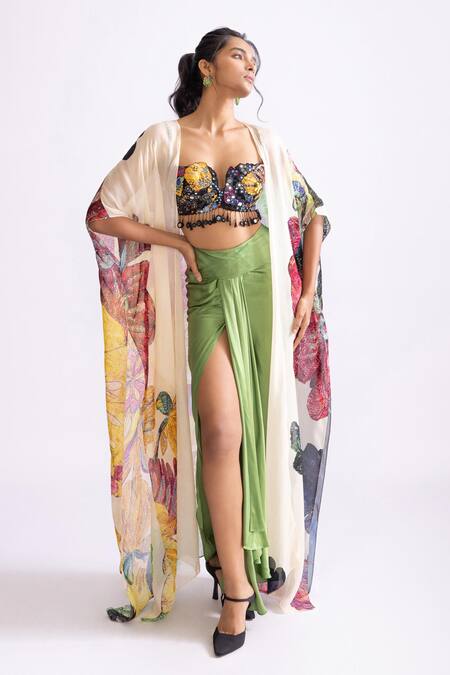 Saaksha & Kinni_Black Satin Mirrors, Embroidery Sweetheart Neck Bermuda Work Bustier_Online_at_Aza_Fashions