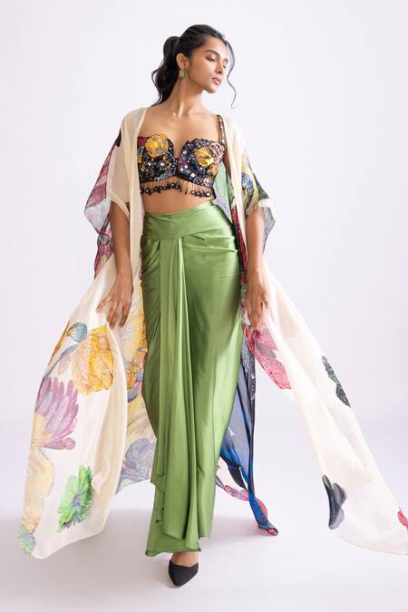 Buy_Saaksha & Kinni_Black Satin Mirrors, Embroidery Sweetheart Neck Bermuda Work Bustier_Online_at_Aza_Fashions