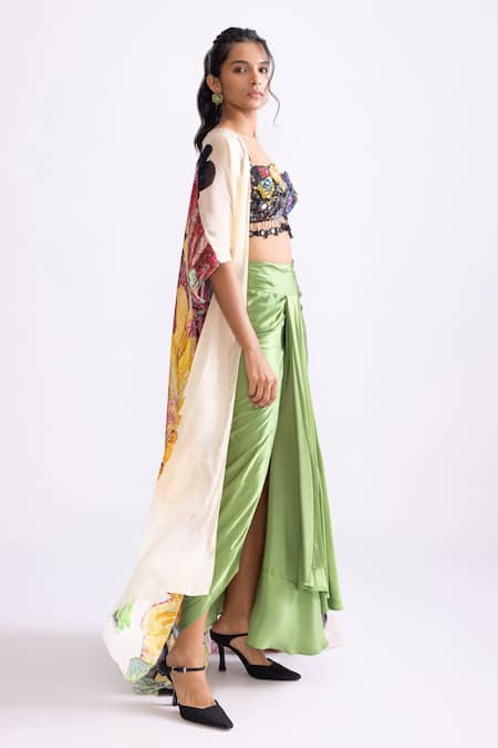 Saaksha & Kinni_Green Satin Sass High Waisted Draped Skirt _Online_at_Aza_Fashions