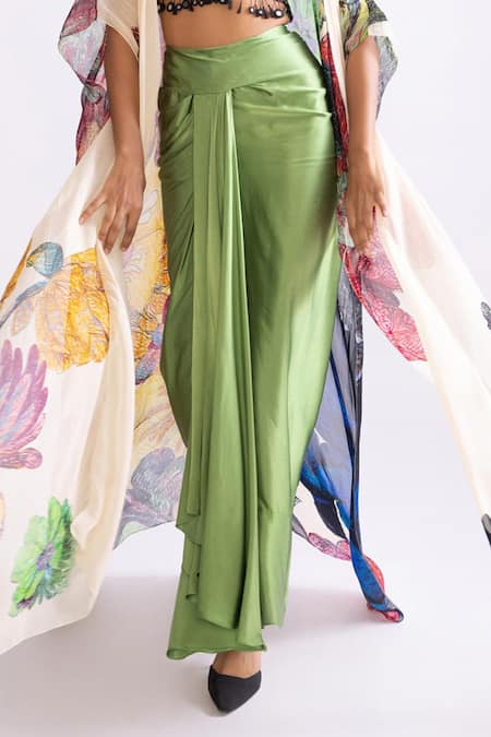 Buy_Saaksha & Kinni_Green Satin Sass High Waisted Draped Skirt _Online_at_Aza_Fashions