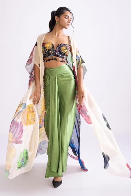 Saaksha & Kinni Green 100% Satin Plain Sass High Waisted Draped Skirt 