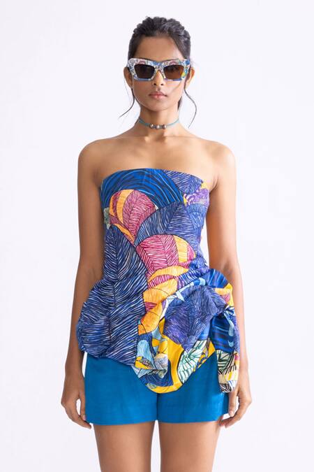 Buy Saaksha & Kinni Blue Muslin Off-shoulder Joor Tribal Print Peplum Blouse Online at Aza Fashions Buy_Saaksha & Kinni_Blue Muslin Off-shoulder Joor Tribal Print Peplum Blouse _Online_at_Aza_Fashions
