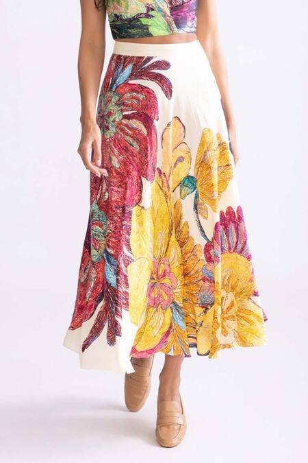 Saaksha & Kinni_Ivory Hemp Daisy Print High Waisted Skirt_Online_at_Aza_Fashions