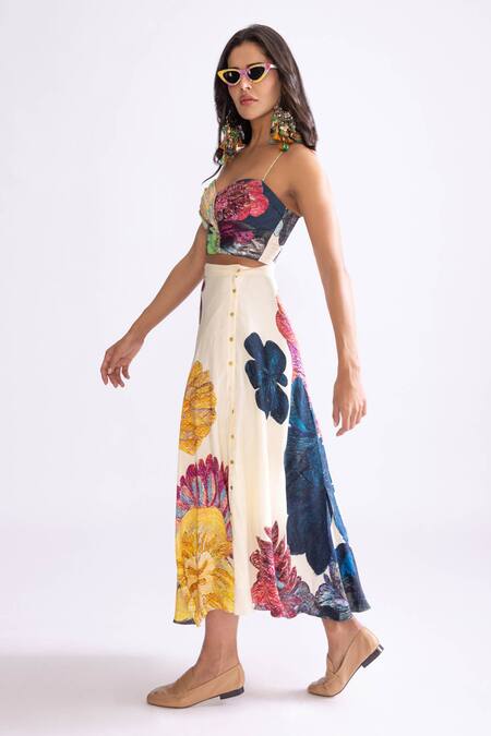 Buy_Saaksha & Kinni_Ivory Hemp Daisy Print High Waisted Skirt_Online_at_Aza_Fashions