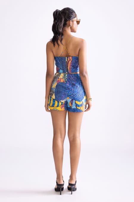 Shop_Saaksha & Kinni_Blue Cotton Sweetheart Neck Ivy Tribal Print Bustier _at_Aza_Fashions