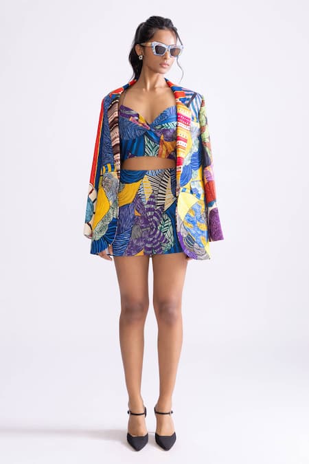 Buy_Saaksha & Kinni_Blue Cotton Sia Tribal Print High Waist Skort _Online_at_Aza_Fashions