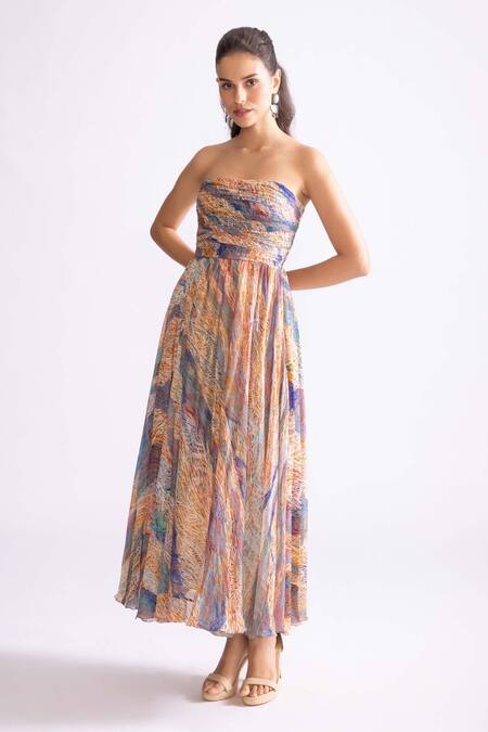 Buy_Saaksha & Kinni_Multi Color Chiffon Bandeau Neck Florence Wave Print Dress _Online_at_Aza_Fashions