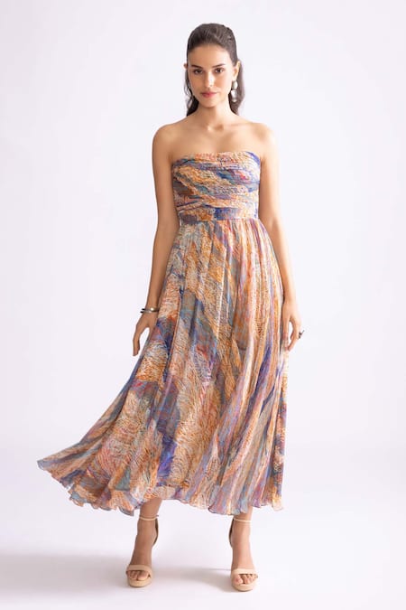 Saaksha & Kinni Multi Color Chiffon Printed Wave Tube Neck Florence Dress 