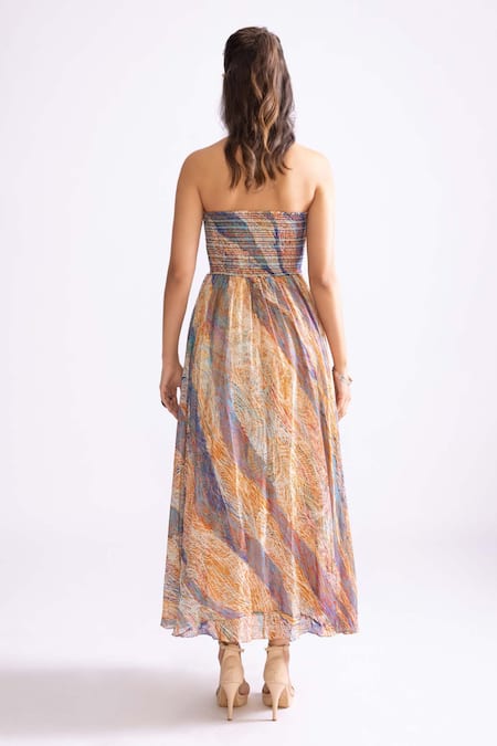 Shop_Saaksha & Kinni_Multi Color Chiffon Bandeau Neck Florence Wave Print Dress _at_Aza_Fashions