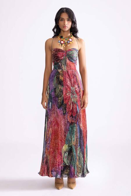 Saaksha & Kinni_Multi Color Chiffon Sweetheart Neck Kiara Daisy Print Dress _Online_at_Aza_Fashions