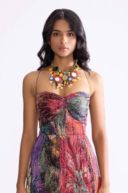 Buy Saaksha & Kinni Multi Color Chiffon Sweetheart Neck Kiara Daisy Print Dress Online at Aza Fashions Buy_Saaksha & Kinni_Multi Color Chiffon Sweetheart Neck Kiara Daisy Print Dress _Online_at_Aza_Fashions