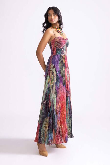 Shop_Saaksha & Kinni_Multi Color Chiffon Sweetheart Neck Kiara Daisy Print Dress _Online_at_Aza_Fashions