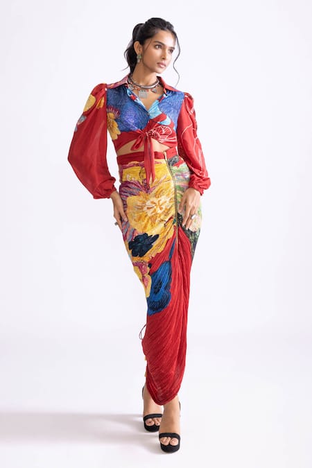 Saaksha & Kinni_Red Cotton, Silk Bella Daisy Print Skirt _Online_at_Aza_Fashions