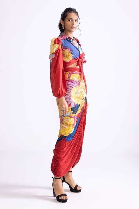 Buy_Saaksha & Kinni_Red Cotton, Silk Bella Daisy Print Skirt _Online_at_Aza_Fashions