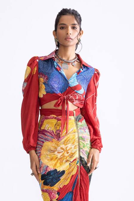 Shop_Saaksha & Kinni_Red Cotton, Silk Bella Daisy Print Skirt _Online_at_Aza_Fashions