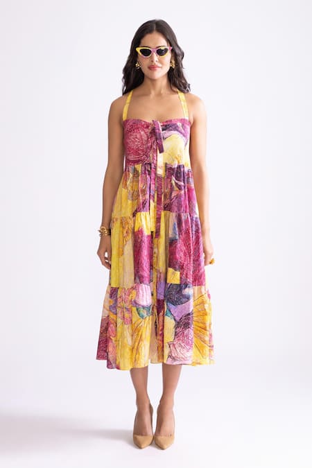 Saaksha & Kinni_Yellow Cotton Sweetheart Neck Lola Daisy Print Tiered Dress _Online_at_Aza_Fashions