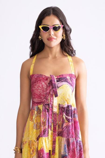 Buy Saaksha & Kinni Yellow Cotton Sweetheart Neck Lola Daisy Print Tiered Dress Online at Aza Fashions Buy_Saaksha & Kinni_Yellow Cotton Sweetheart Neck Lola Daisy Print Tiered Dress _Online_at_Aza_Fashions