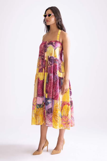 Shop_Saaksha & Kinni_Yellow Cotton Sweetheart Neck Lola Daisy Print Tiered Dress _Online_at_Aza_Fashions