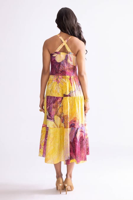 Shop_Saaksha & Kinni_Yellow Cotton Sweetheart Neck Lola Daisy Print Tiered Dress _at_Aza_Fashions