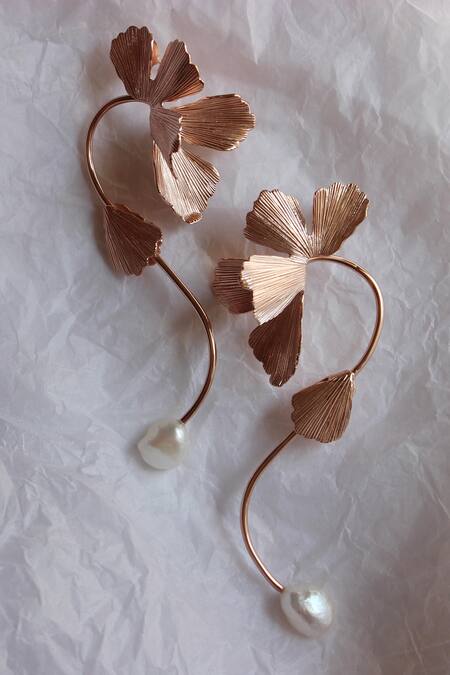 Heena Mittal_Rose Gold Pearls S Shape Belle Fiore Dangler Earrings _Online_at_Aza_Fashions