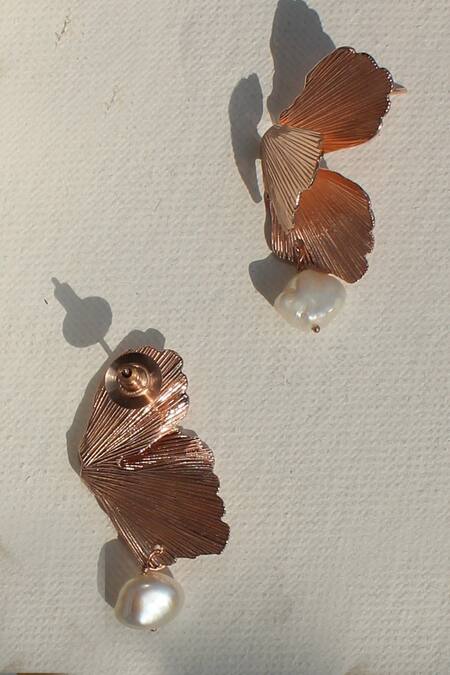 Buy_Heena Mittal_Rose Gold Pearls Foliole Moti Drop Earrings _Online_at_Aza_Fashions