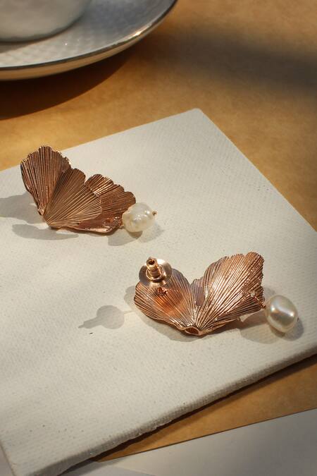 Shop_Heena Mittal_Rose Gold Pearls Foliole Moti Drop Earrings _Online_at_Aza_Fashions