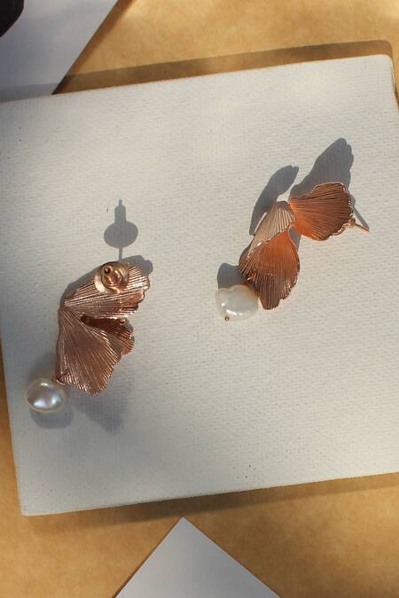 Heena Mittal_Rose Gold Pearls Foliole Moti Drop Earrings _at_Aza_Fashions