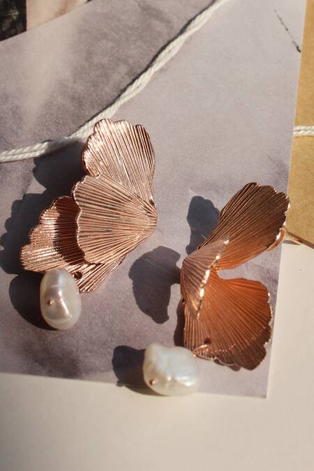 Shop_Heena Mittal_Rose Gold Pearls Foliole Moti Drop Earrings 