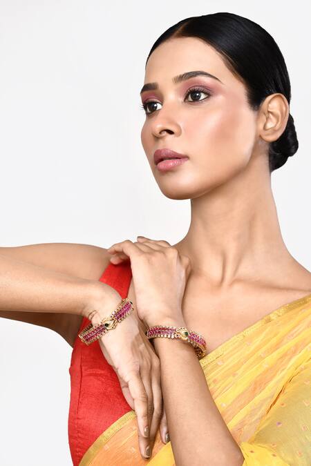Buy_Our Purple Studio_Gold Plated Stones, Beads Studded Bangles - Set Of 2 _Online_at_Aza_Fashions
