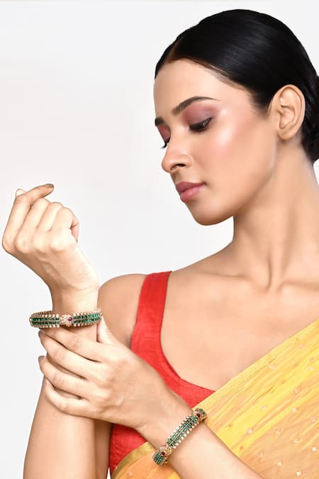 Buy_Our Purple Studio_Gold Plated Stones, Beads Studded Carved Bangles - Set Of 2 _Online_at_Aza_Fashions