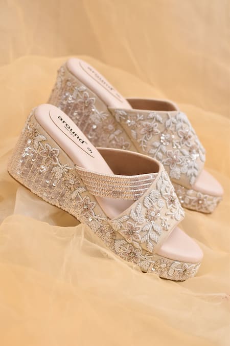 AROUND ALWAYS Ivory Bead Savera Sequin Embroidered Wedges 