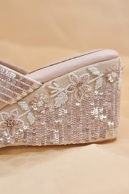 Around Always_Ivory Cut Work, Beads, Zari Savera Sequin Embroidered Wedges _Online_at_Aza_Fashions