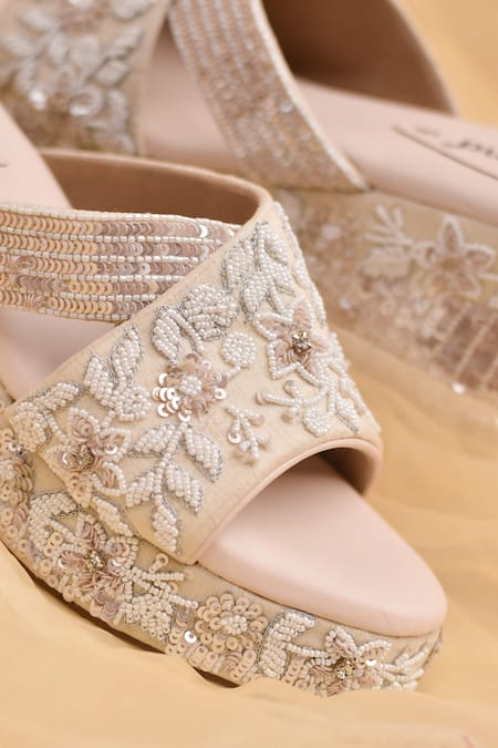 Shop_Around Always_Ivory Cut Work, Beads, Zari Savera Sequin Embroidered Wedges _Online_at_Aza_Fashions