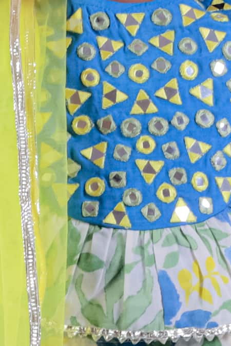 Buy Lil Drama Green Cotton, Net Mirrors, Embroidery, Gota Patti Blossom Print Lehenga Set Online at Aza Fashions Buy_Lil Drama_Green Cotton, Net Mirrors, Embroidery, Gota Patti Blossom Print Lehenga Set _Online_at_Aza_Fashions