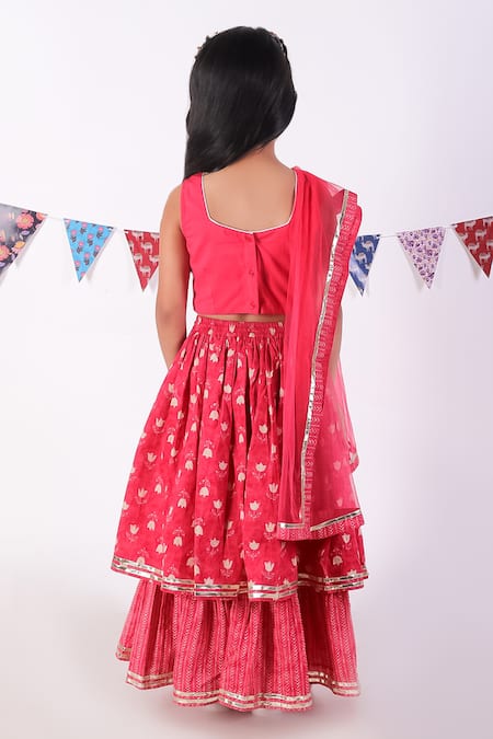 Shop_Lil Drama_Red Cotton, Net Embroidery Flower Print Layered Lehenga Set _at_Aza_Fashions