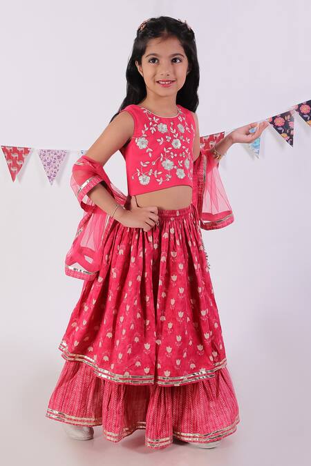 Lil Drama_Red Cotton, Net Embroidery Flower Print Layered Lehenga Set _Online_at_Aza_Fashions