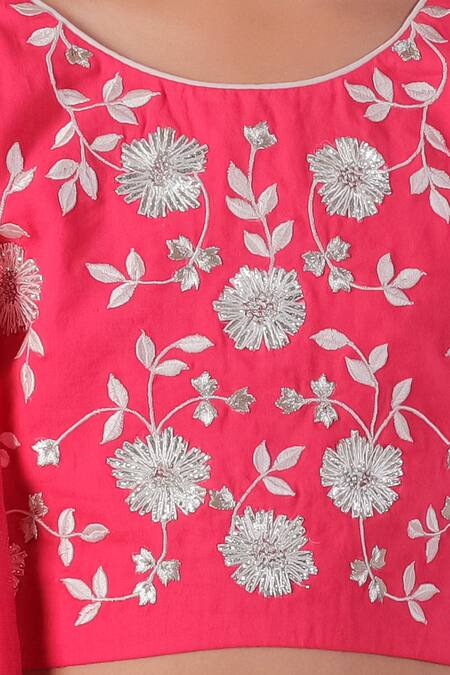 Buy_Lil Drama_Red Cotton, Net Embroidery Flower Print Layered Lehenga Set _Online_at_Aza_Fashions