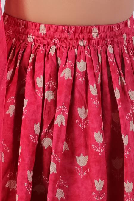Shop_Lil Drama_Red Cotton, Net Embroidery Flower Print Layered Lehenga Set _Online_at_Aza_Fashions
