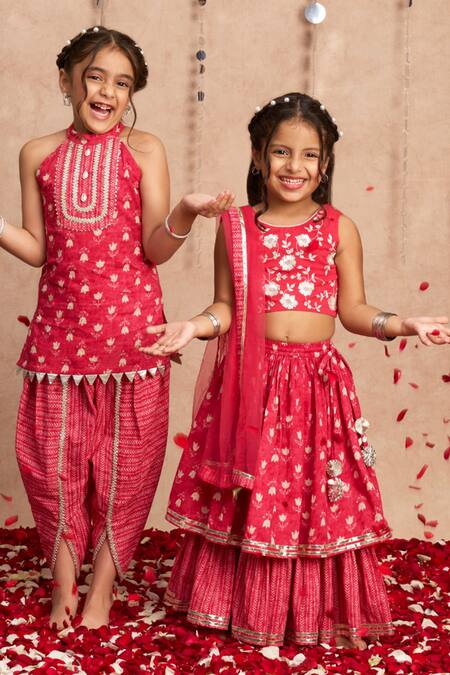 Lil Drama_Red Cotton, Net Embroidery Flower Print Layered Lehenga Set _at_Aza_Fashions