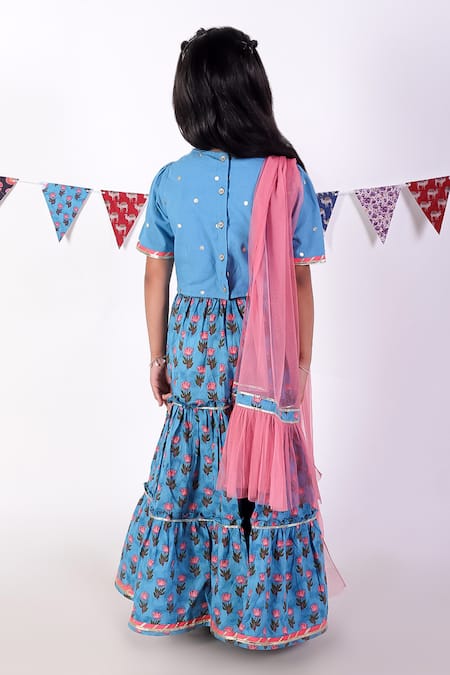 Shop_Lil Drama_Blue Cotton, Net Embroidery Floral Print Lehenga Set _at_Aza_Fashions