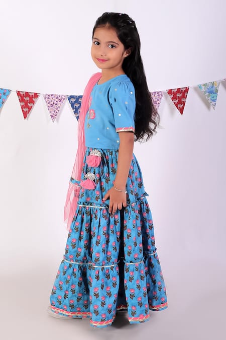 Lil Drama_Blue Cotton, Net Embroidery Floral Print Lehenga Set _Online_at_Aza_Fashions