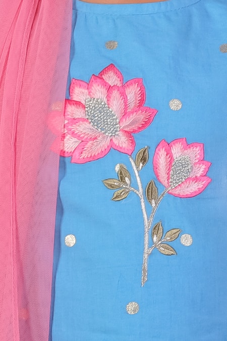 Buy_Lil Drama_Blue Cotton, Net Embroidery Floral Print Lehenga Set _Online_at_Aza_Fashions