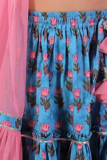 Shop_Lil Drama_Blue Cotton, Net Embroidery Floral Print Lehenga Set _Online_at_Aza_Fashions