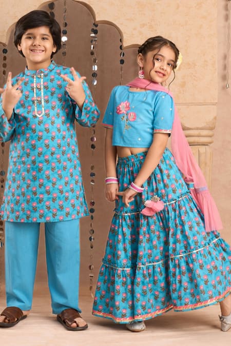 Lil Drama_Blue Cotton, Net Embroidery Floral Print Lehenga Set _at_Aza_Fashions