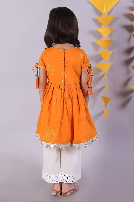 Shop Lil Drama Orange Cotton Embroidery Janmashtami Kurta With Pyjama Pant at Aza Fashions Shop_Lil Drama_Orange Cotton Embroidery Janmashtami Kurta With Pyjama Pant _at_Aza_Fashions