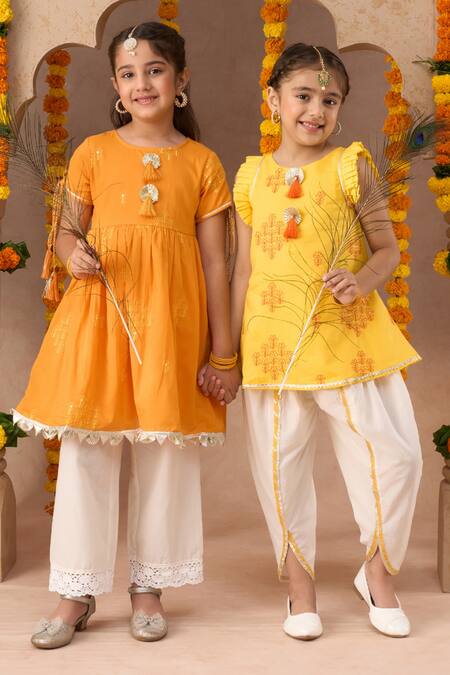 Lil Drama Orange Cotton Embroidery Janmashtami Kurta With Pyjama Pant at Aza Fashions Lil Drama_Orange Cotton Embroidery Janmashtami Kurta With Pyjama Pant _at_Aza_Fashions