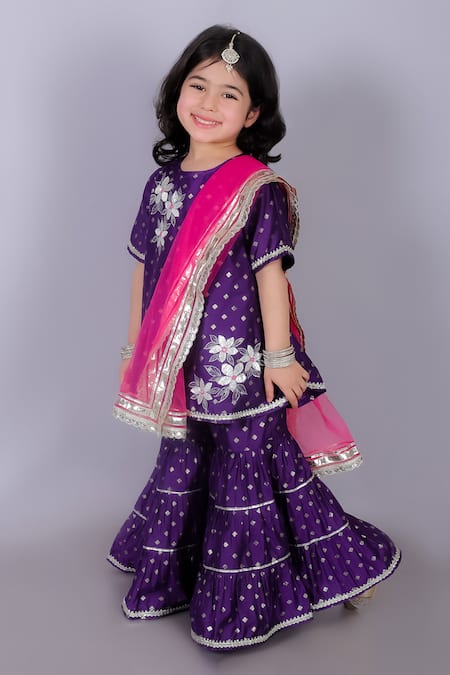Lil Drama_Purple Cotton, Viscose, Chiffon Embroidery, Gota Floral Kurta Sharara Set _Online_at_Aza_Fashions